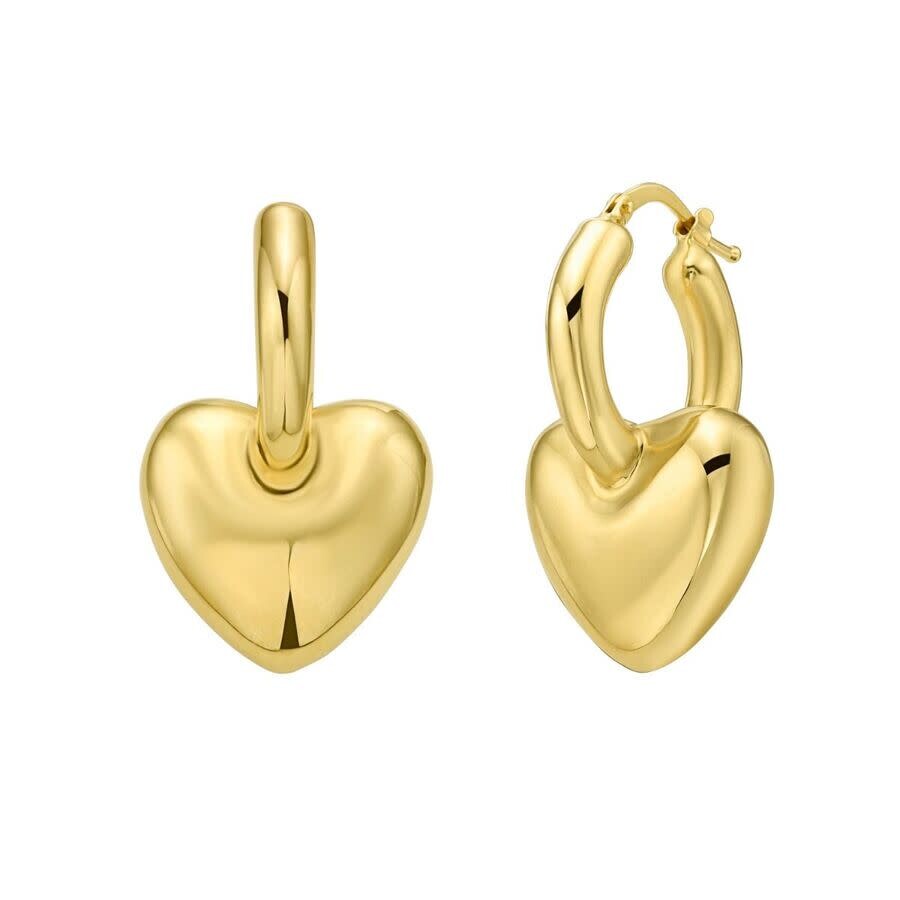 Tresorra 14k Yellow Gold Puffy Heart Dangle Huggie Hoop Earrings In Yellow