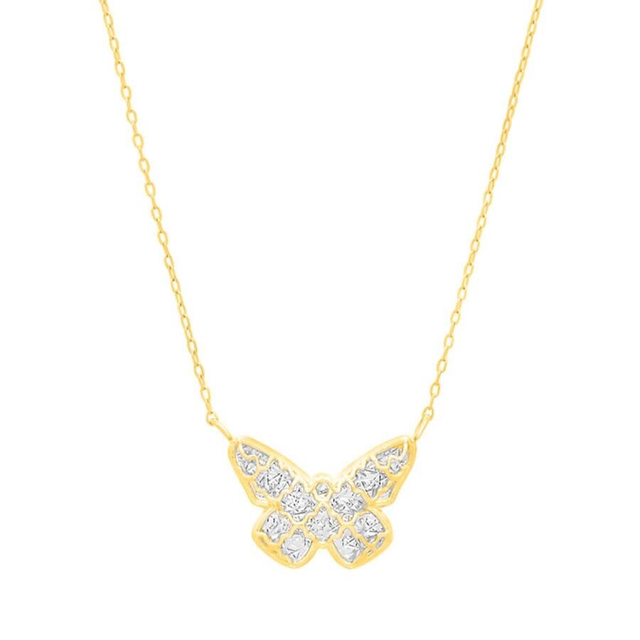 Tresorra 14k Yellow & White Gold Diamond Cut Checkered Butterfly Pendant Necklace In Two Tone