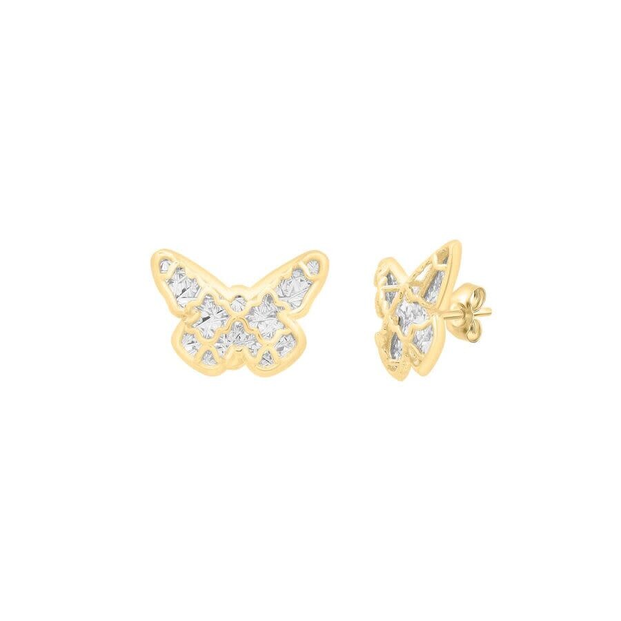 Tresorra 14k Yellow & White Gold Diamond Cut Checkered Butterfly Stud Earrings In Two Tone