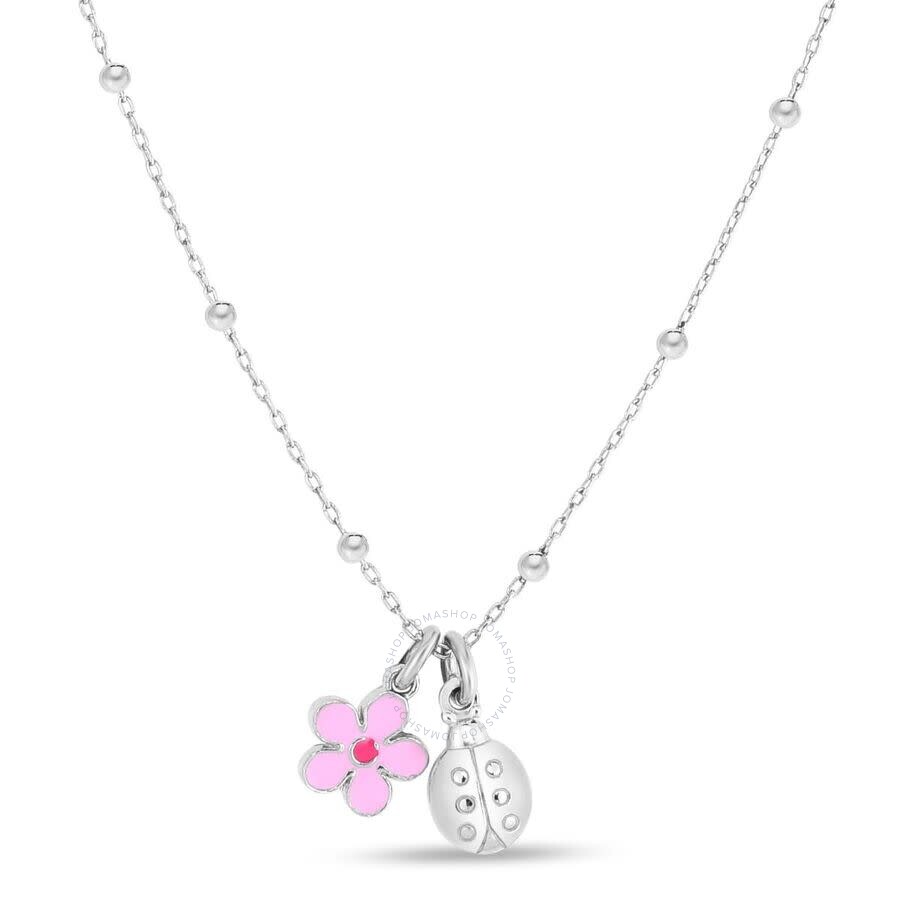 Tresorra Sterling Silver Enamel Flower & Ladybug Pendant Necklace In White