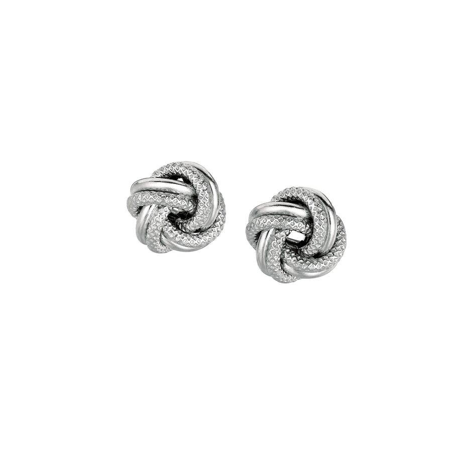 Tresorra Sterling Silver Mini Textured & Polished Love Knot Earrings In Metallic