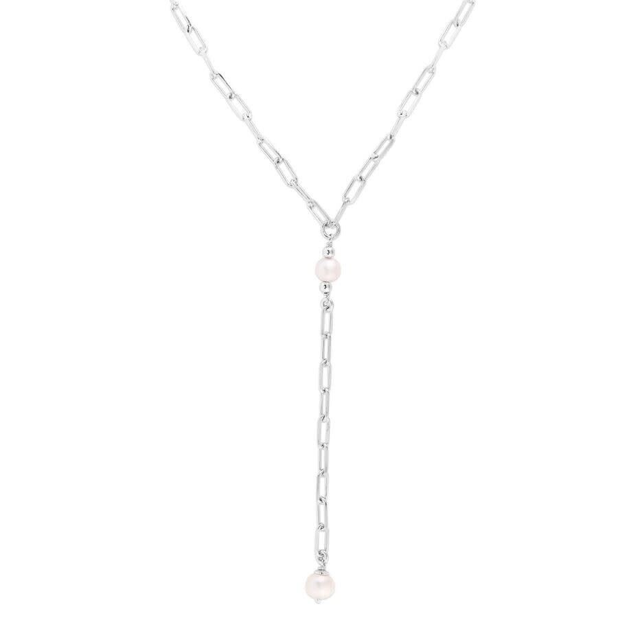Tresorra Sterling Silver Pearl Paperclip Lariat Necklace