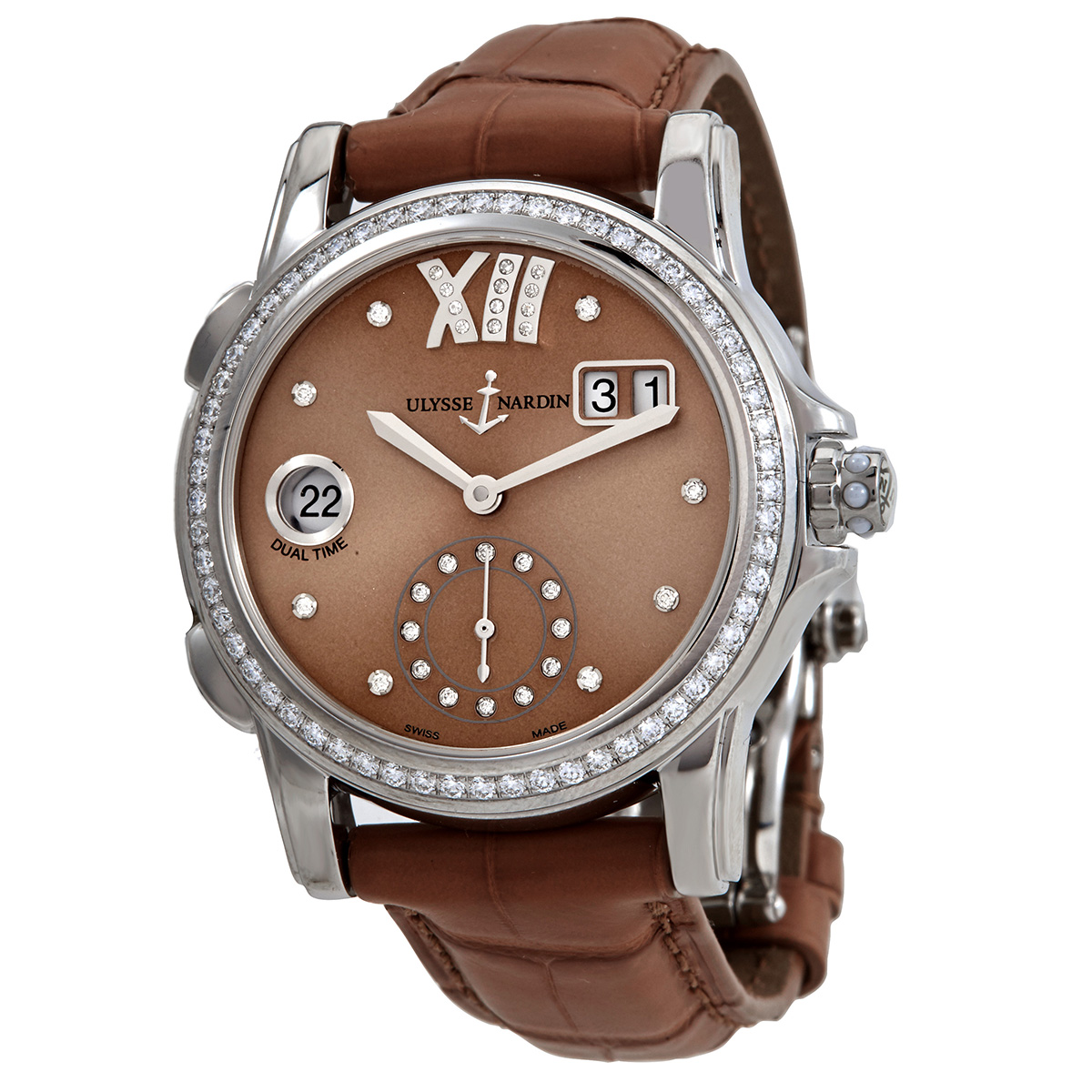 Ulysse Nardin Classic Lady Dual Time GMT Diamond Brown sunray Dial Ladies Watch 3343-222B/30-09