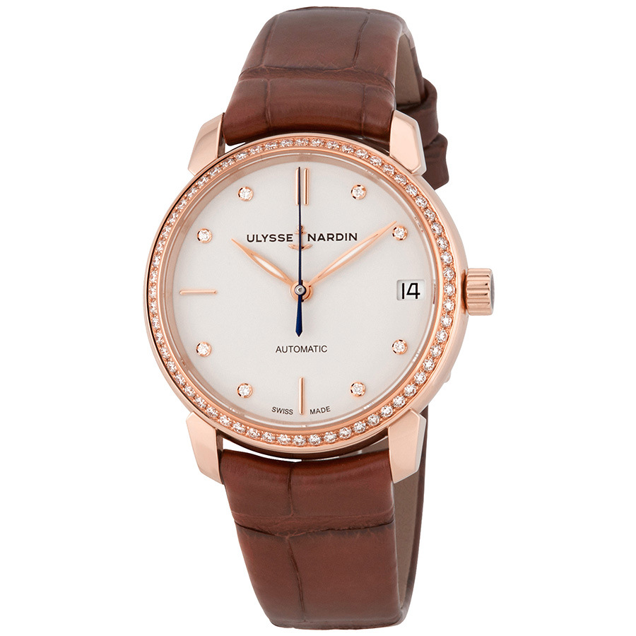Ulysse Nardin Classico Eggshell White Diamond Dial 18kt Rose Gold Brown Leather Ladies Watch 8106-116B-2-990
