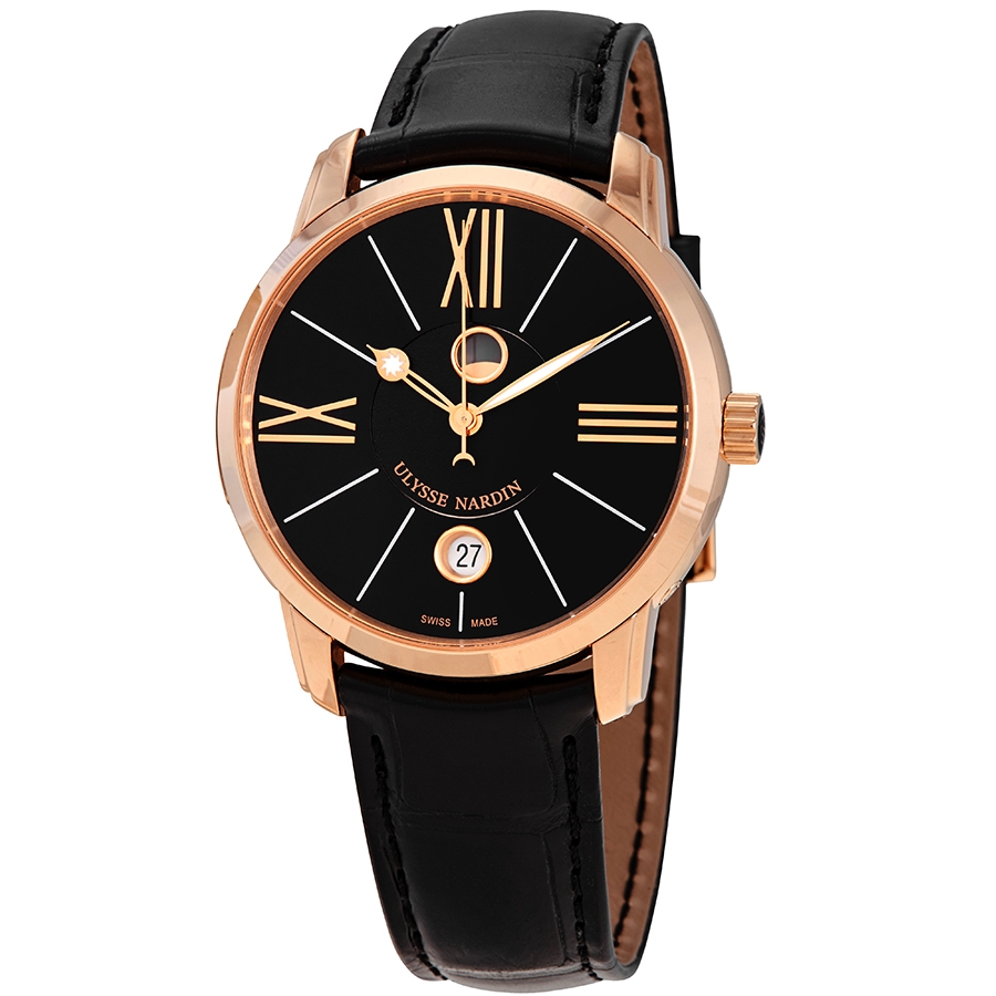 Ulysse Nardin Classico Luna Black Dial Alligator Leather Automatic Men's Watch 8296-122-2-42