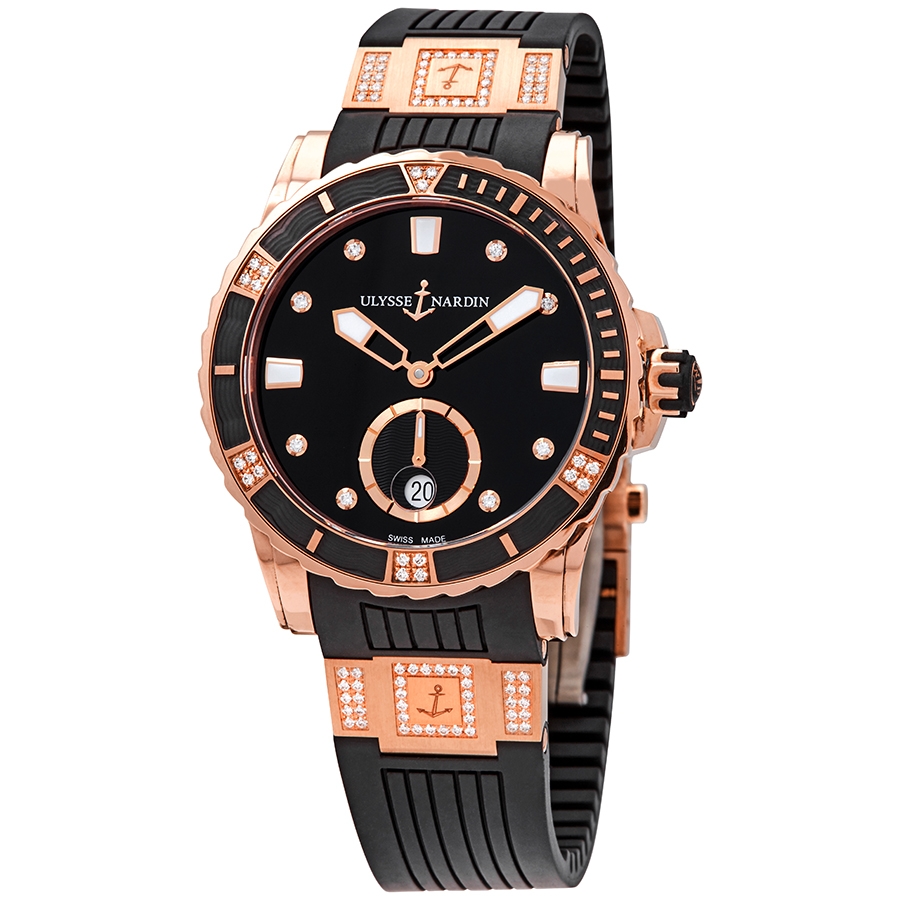 Ulysse Nardin Diver 18kt Rose Gold Black Diamond Dial Automatic Ladies Watch 3202-190-3C/12.12