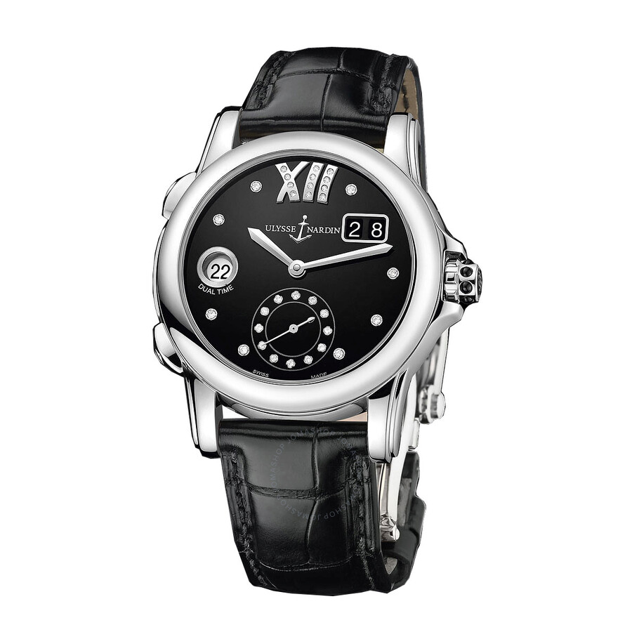 Shop Ulysse Nardin Dual Time Black Dial Diamond Automatic Ladies Watch 3343-222-30-02