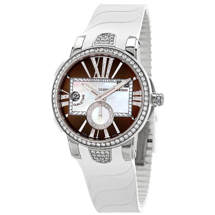 Ulysse Nardin Executive Dual Time Automatic Brown Diamond Dial Ladies Rubber Watch 243-10B-3C/30-05
