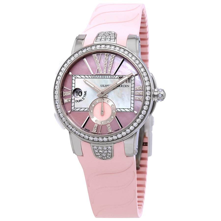 Ulysse Nardin Executive Dual Time Automatic Pink Mother Of Pearl Diamond Dial Ladies Rubber Watch 243-10B-3C-397