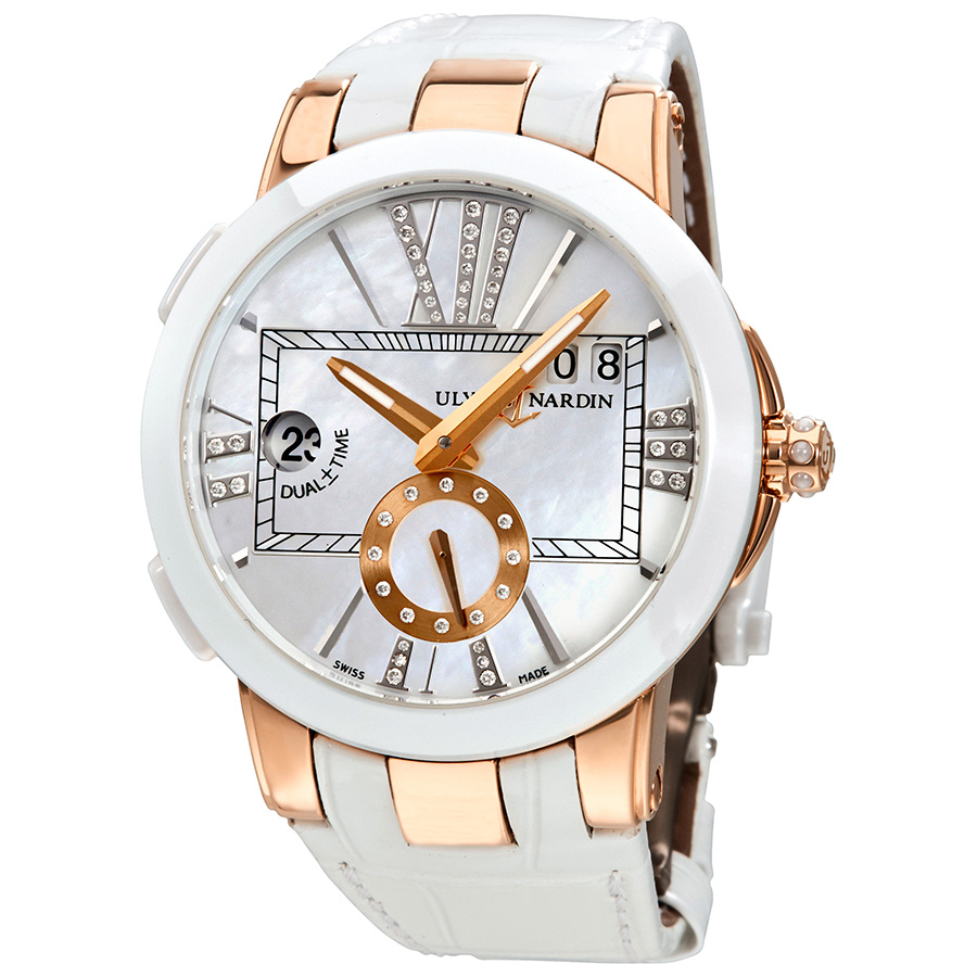 Ulysse Nardin Executive Dual Time Mother of Pearl Diamond Dial 18kt Rose Gold White Leather Ladies Watch 246-10-391