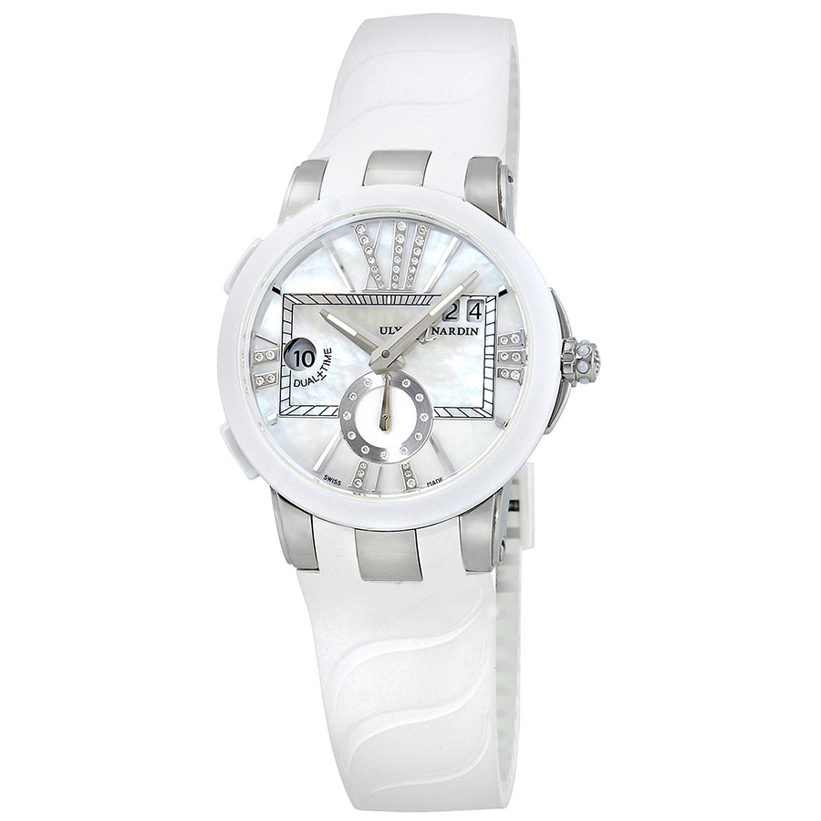 Ulysse Nardin Executive Dual Time Mother of Pearl Diamond Dial Stainless Steel White Rubber Ladies Watch 243-10-3-391