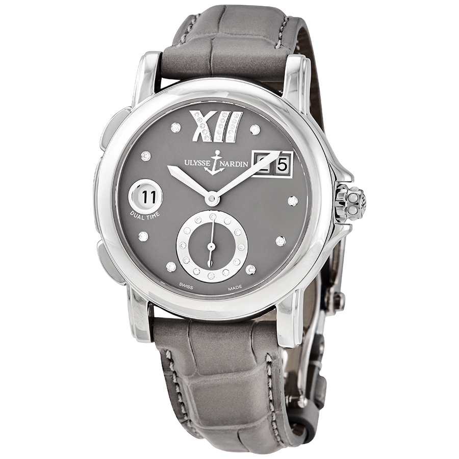 Ulysse Nardin GMT Big Date Grey Dial Stainless Steel Grey Leather Ladies Watch 243-22-30-02