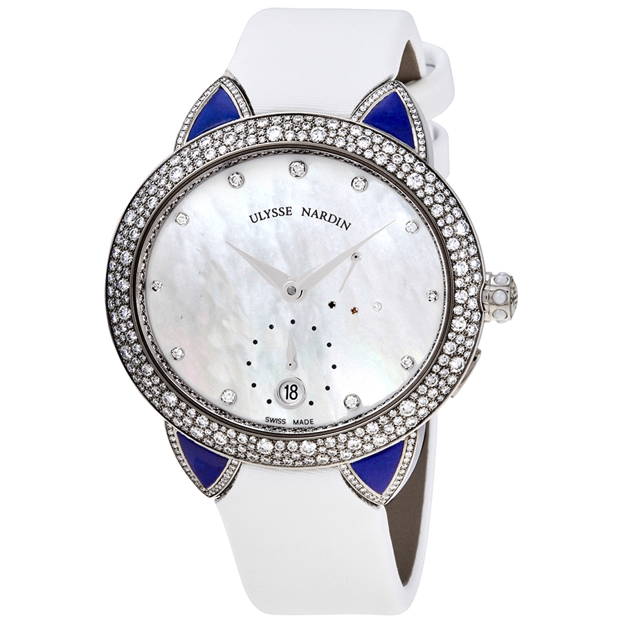 Ulysse Nardin Jade 18kt White Gold Mother of Pearl Diamond Dial Automatic Ladies White Satin Watch 3100-125BCLL/991
