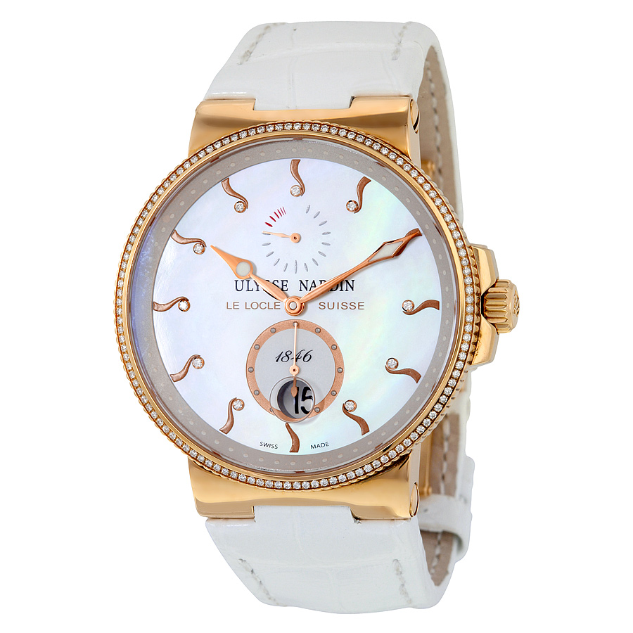 Ulysse Nardin Marine Chronometer Automatic Mother of Pearl Diamond DIal 18kt Rose Gold White Leather Ladies Watch 266-66B-991