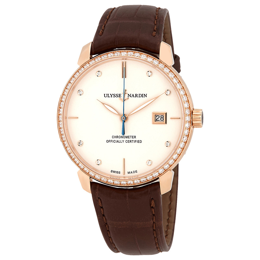 Ulysse Nardin San Marco Classico Ivory Dial 18kt Rose gold Diamond Brown Leather Men's Watch 8156-111B-2-991