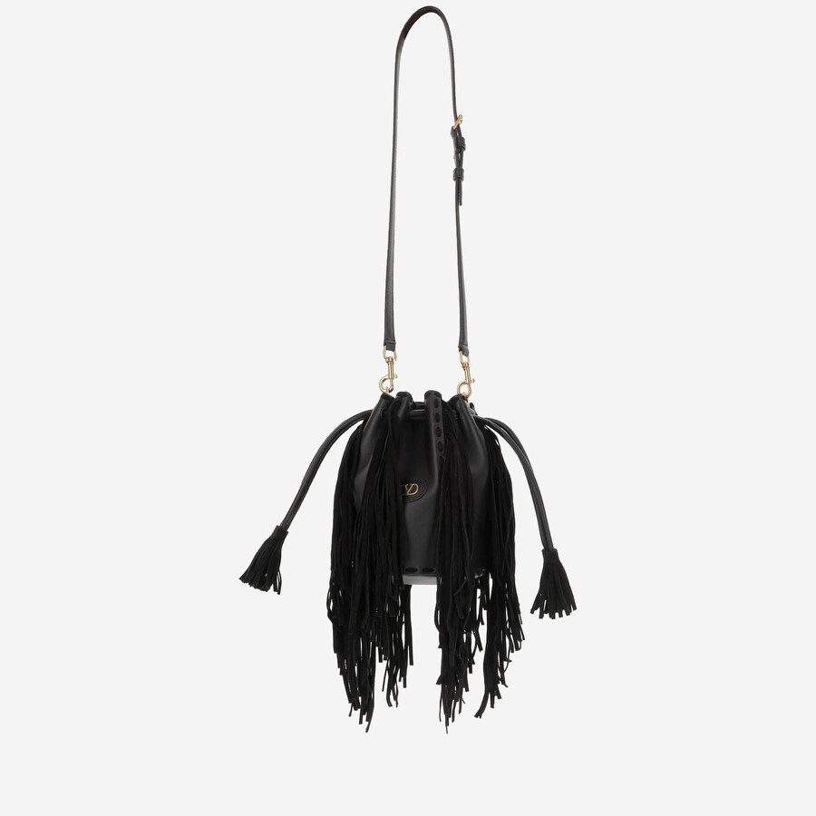 Valentino Garavani Fringed Leather Shoulder Bag In Black