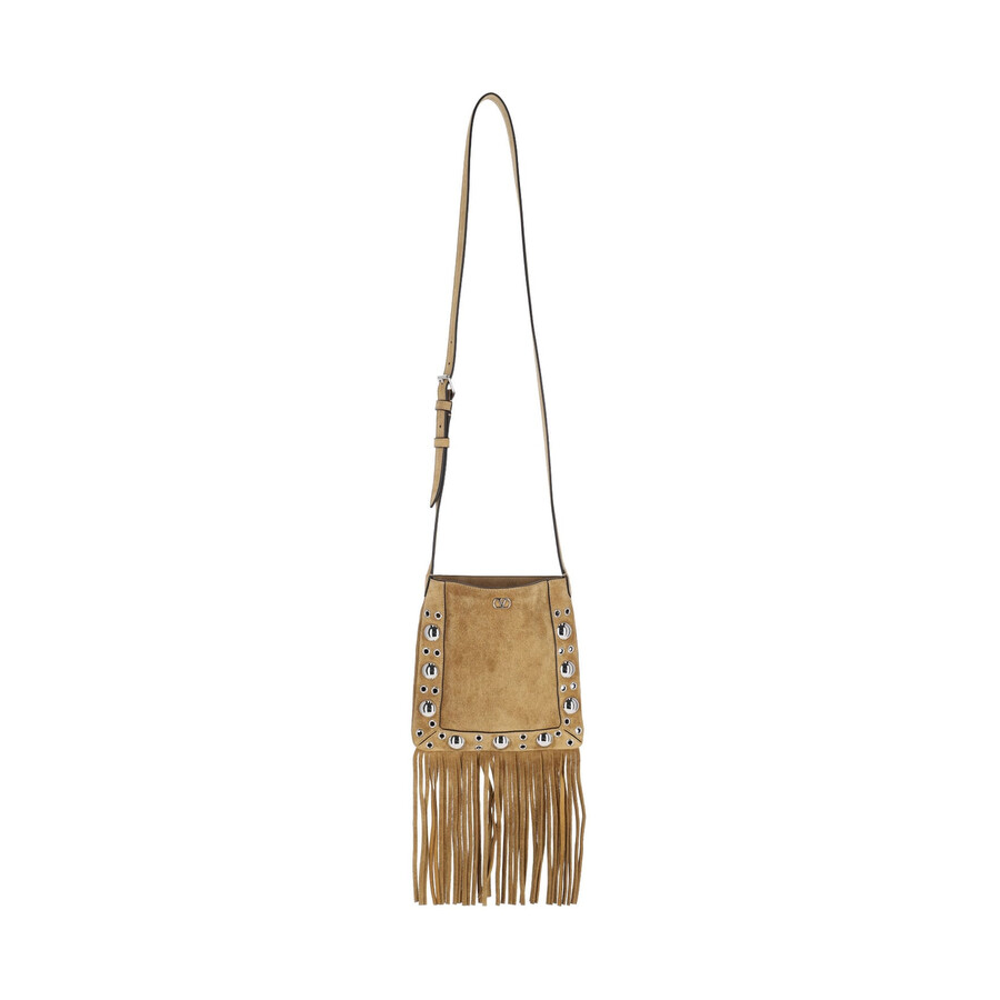 Valentino Nellcote Fringe Studded Suede Crossbody Bag In Brown