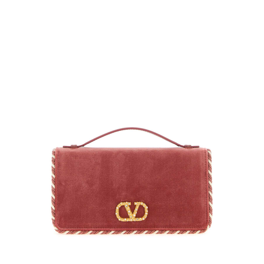 Valentino Garavani Pink Velvet Vlogo Signature Handbag In Sand