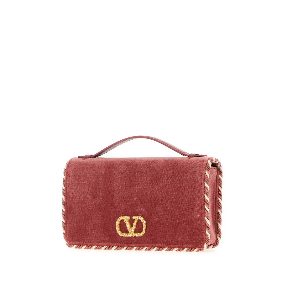 Valentino Garavani Pink Velvet Vlogo Signature Handbag In Sand