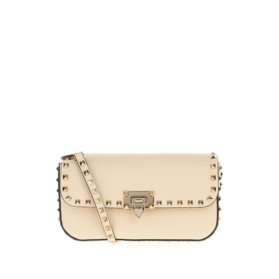 Valentino Garavani Sand Leather Rockstud Shoulder Bag In White