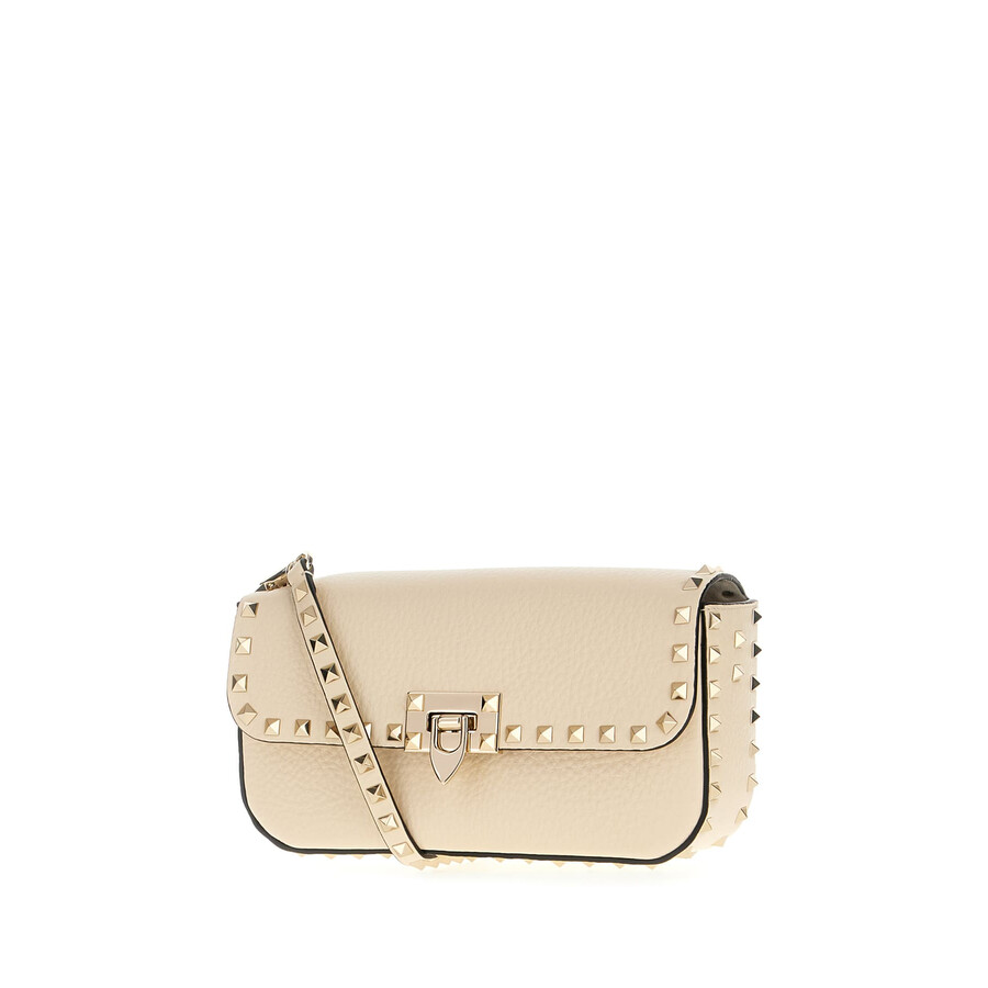 Valentino Garavani Sand Leather Rockstud Shoulder Bag In White