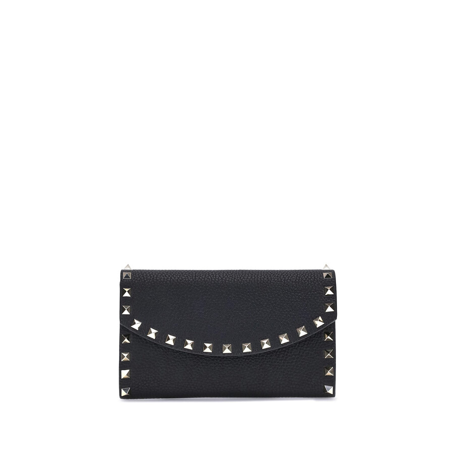 Valentino Garavani Rockstud Leather Wallet On Chain In Black