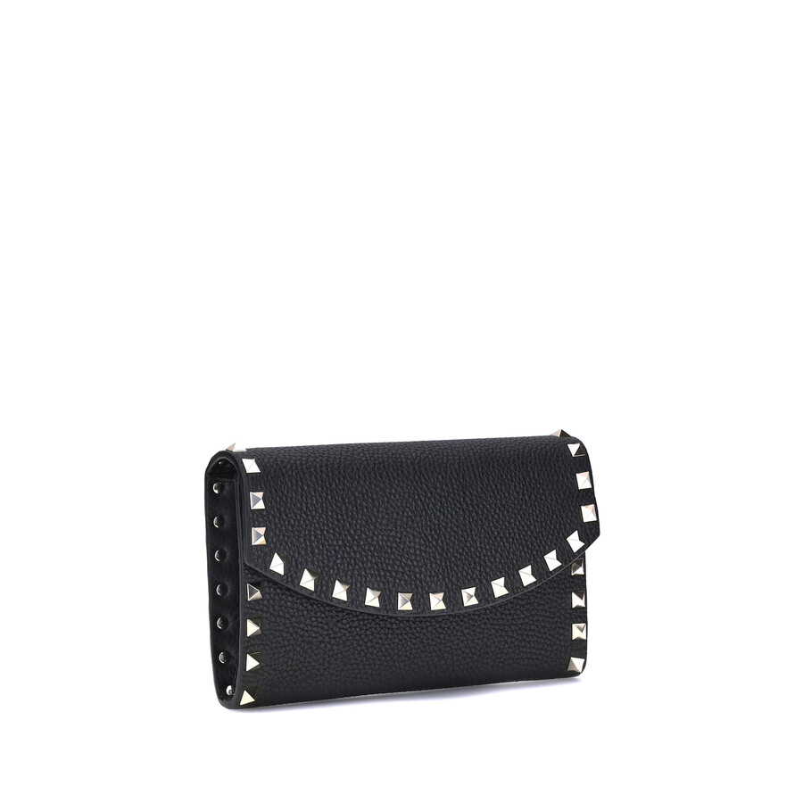 Valentino Garavani Rockstud Leather Wallet On Chain In Black