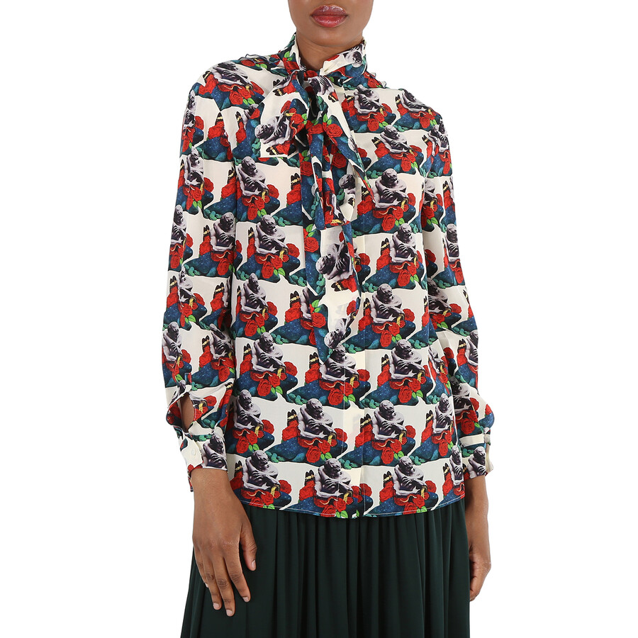 Ladies Multicolor Long-sleeve Tie Neck Blouse