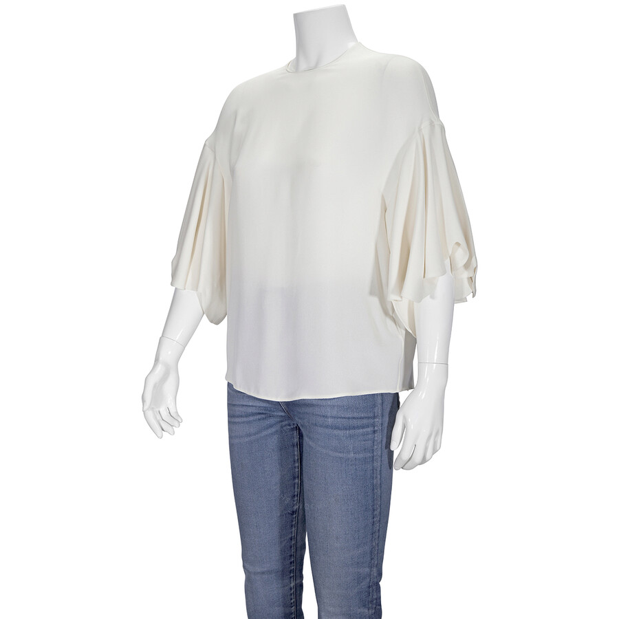 Valentino Ladies White Ruffle Sleeves Silk Blouse In White
