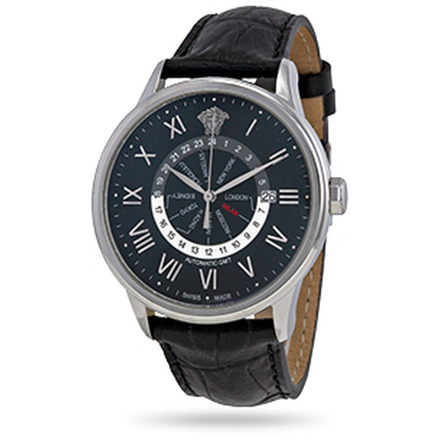 Versace Business Automatic GMT Black Dial Black Leather Men's Watch