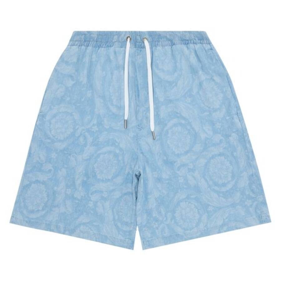Versace Barocco Pattern Chambray Shorts In Blue