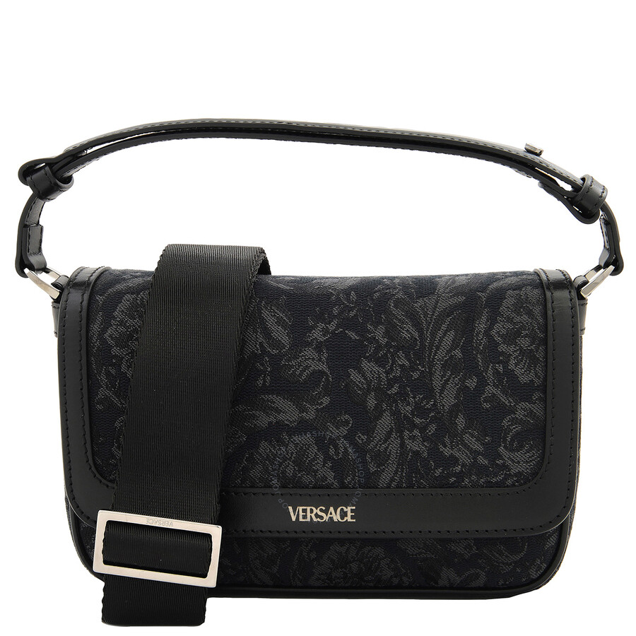 Versace Barocco-jacquard Foldover Top Crossbody Bag In Grey/black