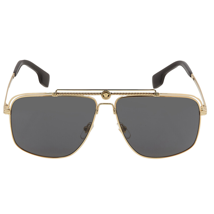 Versace Dark Grey Rectangular Men's Sunglasses Ve2242 100287 61 In Dark / Gold / Grey