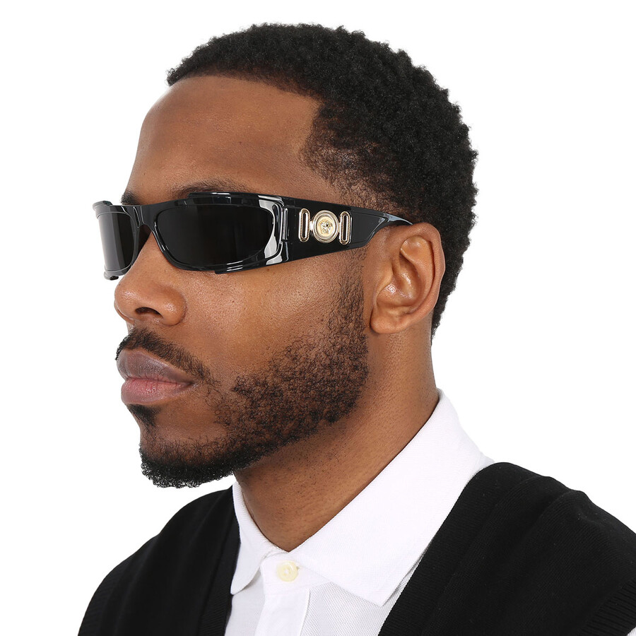 Versace Dark Grey Wrap Men's Sunglasses Ve4446 Gb1/87 67 In Black / Dark / Grey