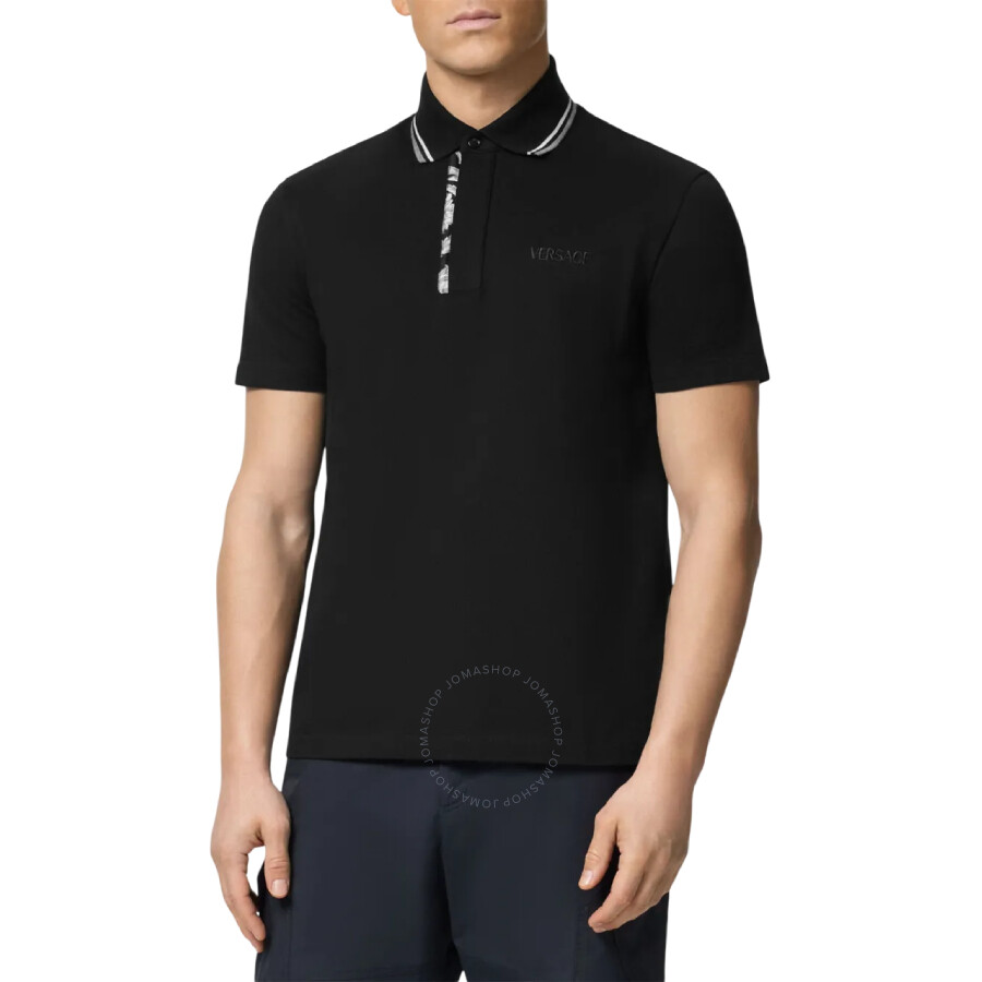 Versace Black Logo-embroidered Polo Shirt In Black