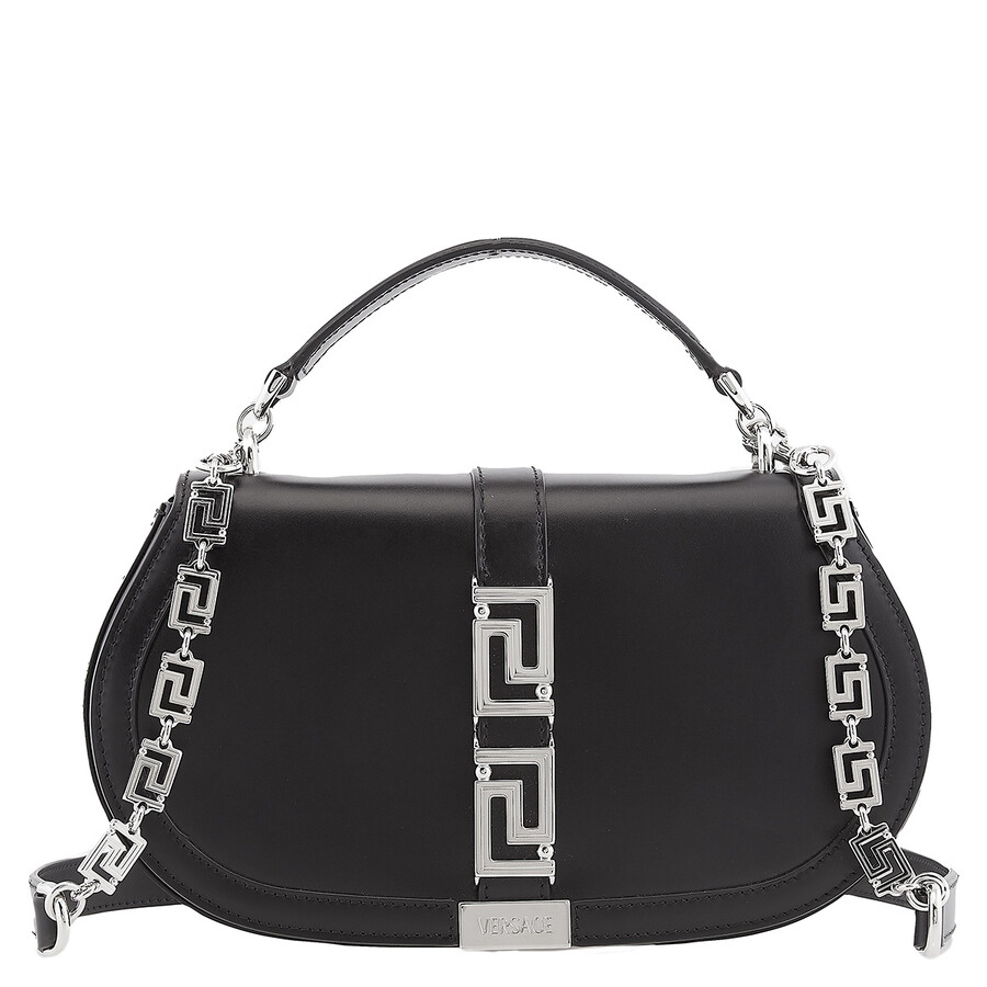Versace Greca Goddess Smooth Leather Shoulder Bag In Black