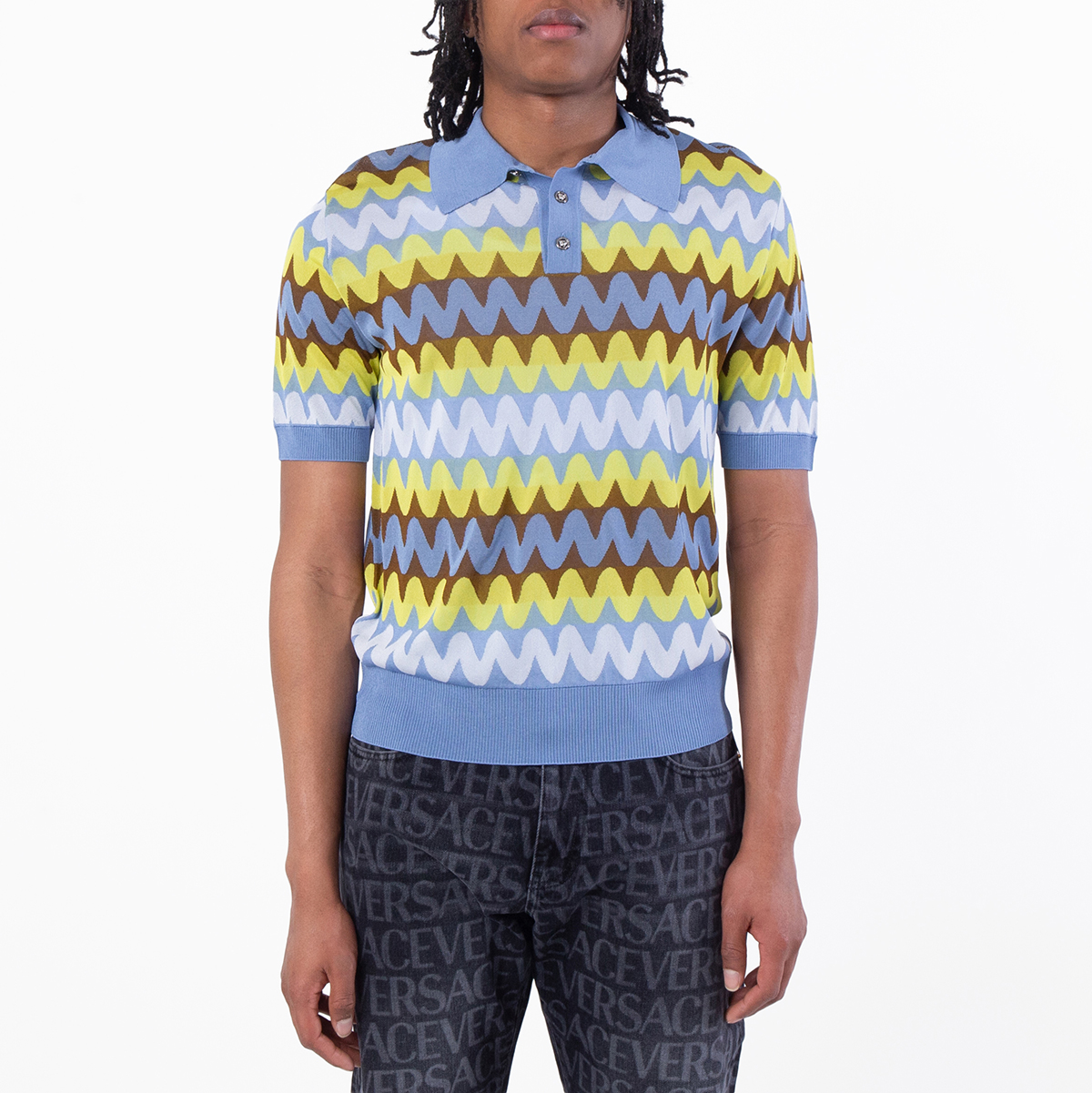 Versace Jacquard Wave Knit Polo Shirt, Brand Size 50 ( US Size 40