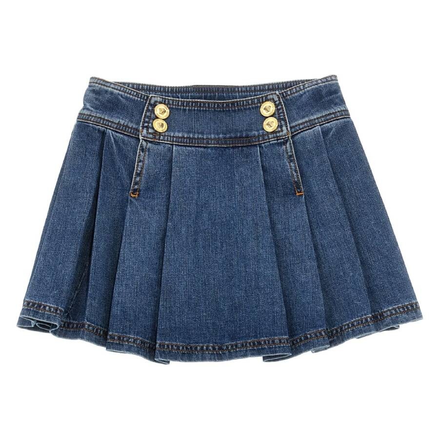Versace Kids Pleated Denim Medusa Mini Skirt