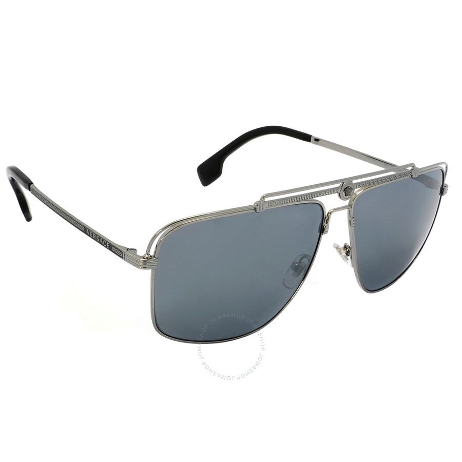 Versace Light Grey Mirror Black Pilot Men's Sunglasses Ve2242 10016g 61 In Black / Grey / Gun Metal / Gunmetal