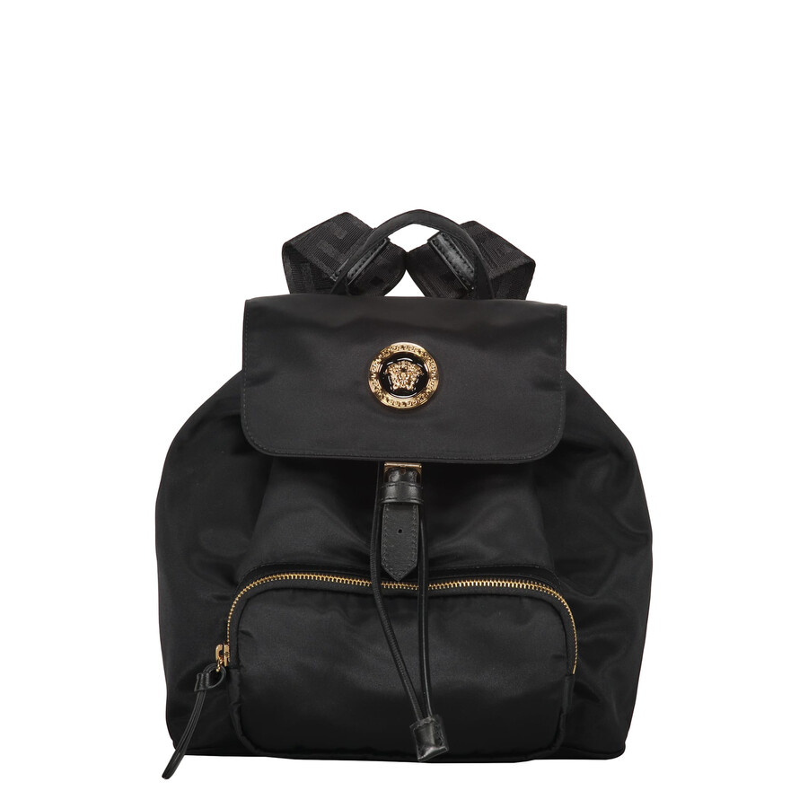 Versace Logo Detail Nylon Backpack In Black