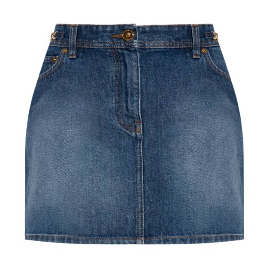 Versace Cotton Denim High Waist Mini Skirt In Blue