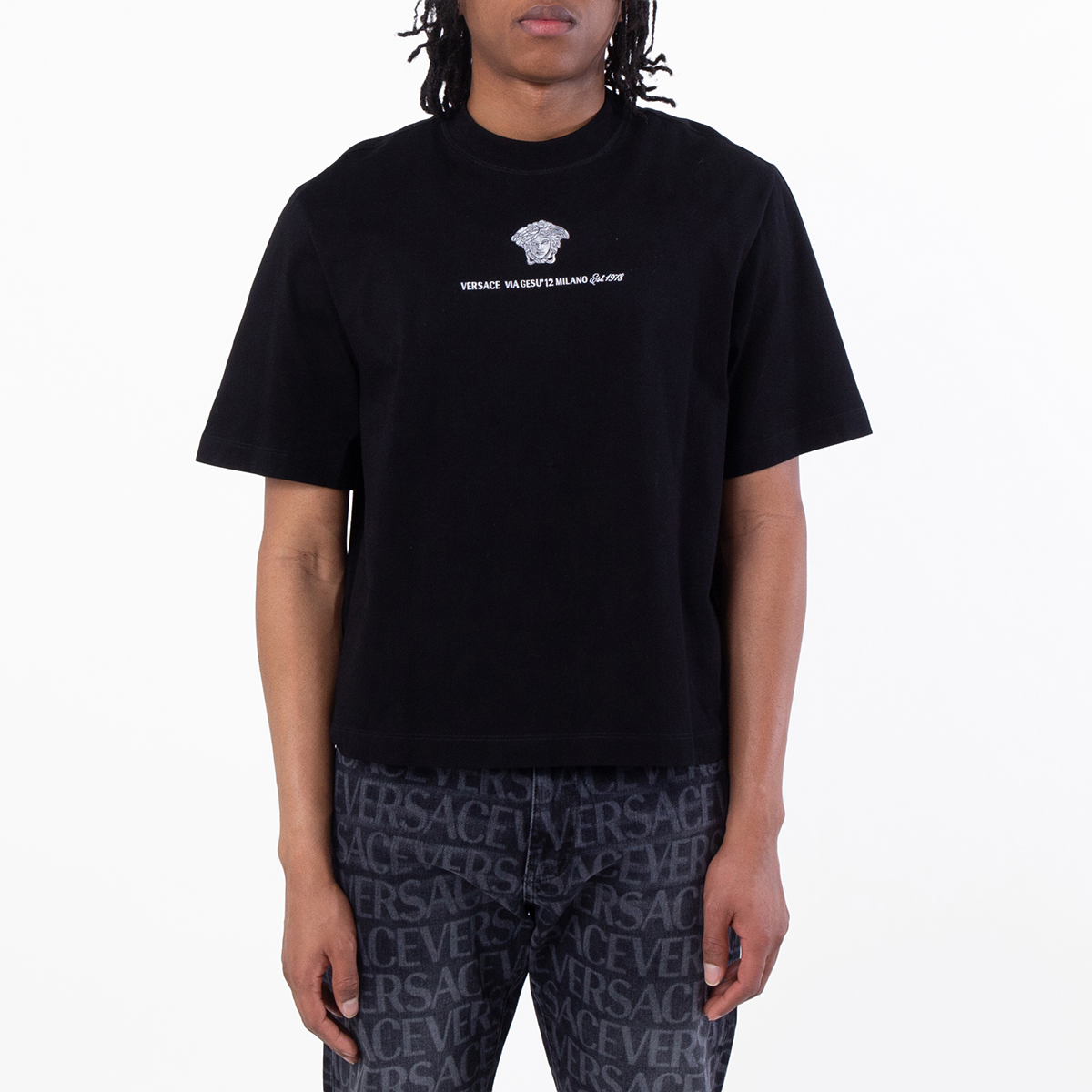 ゆ*り様 VERSACE ブラック Tシャツ Printed Cotton-Jersey Regular T-Shirt Black | VERSACE US