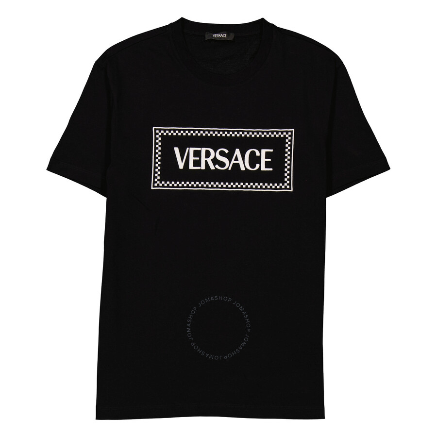 Versace Black Crewneck T-shirt With Contrasting Logo Lettering Print In Cotton