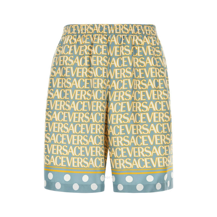 Versace Silk Bermuda Shorts With All-over Logo In Blue/white