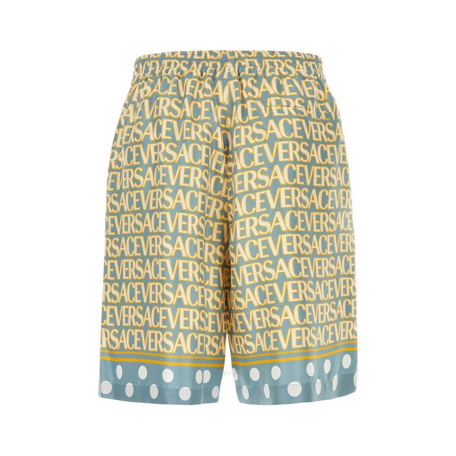 Versace Silk Bermuda Shorts With All-over Logo In Blue/white