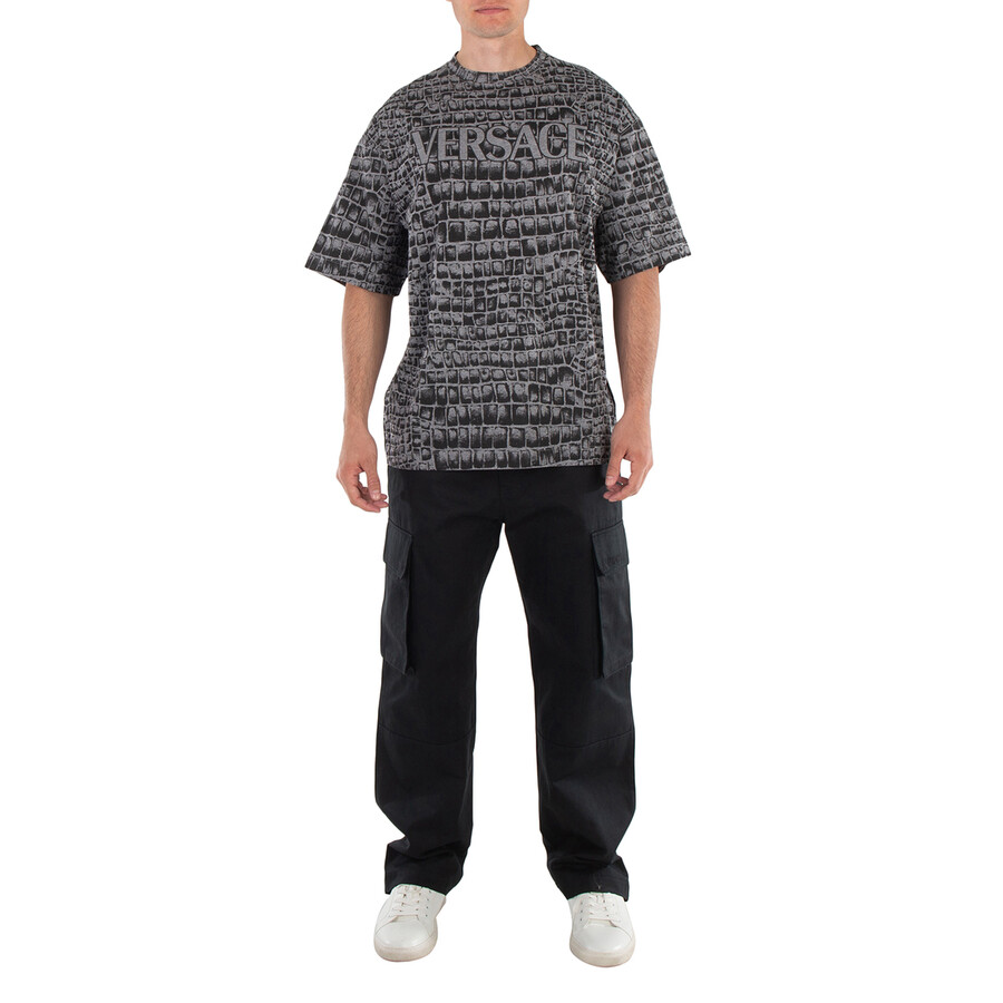 Versace Men's Medium Gray Melange Black Coccodrillo Print T