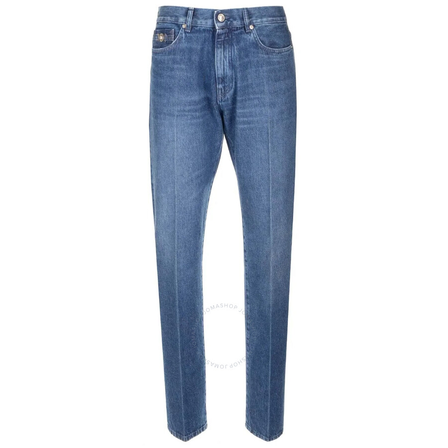 Versace Men's Washed Medium Blue Straight-leg Mid-rise Jeans In Blue