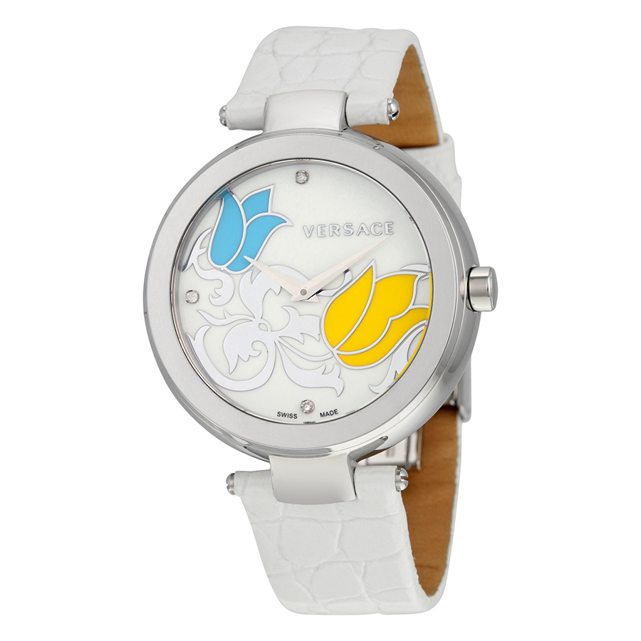 Versace Mystique White Floral Enamel Dial White Leather 