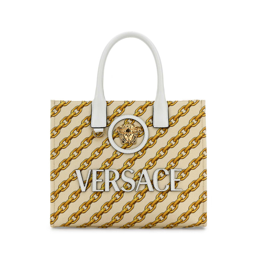 Versace Printed Canvas Small Chain Stripes La Medusa Shopping Bag In Neutral