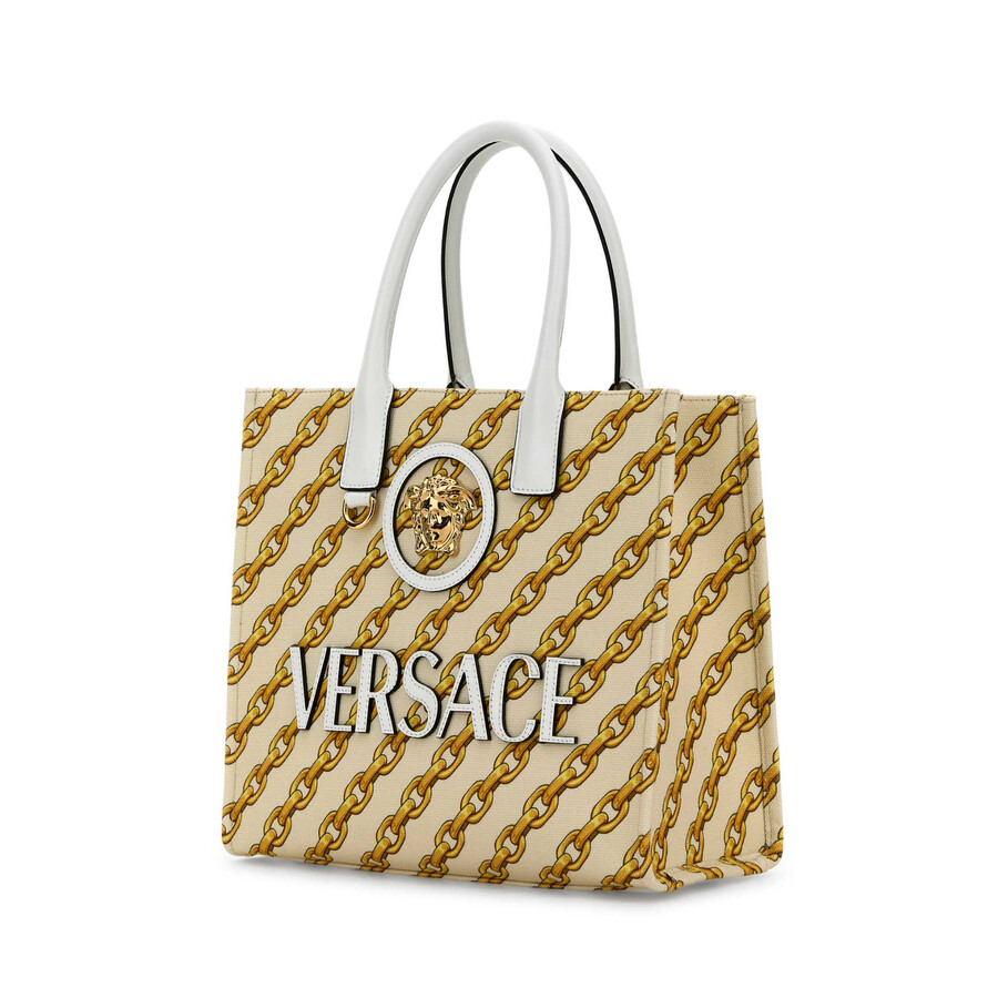 Versace Printed Canvas Small Chain Stripes La Medusa Shopping Bag In Neutral